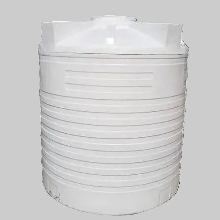 A large white plastic water tank with a ribbed cylindrical body and a flat top lid, shown against a plain white background.